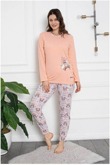 Pijama dama bumbac confortabila cu imprimeu ursuleti love corai 808