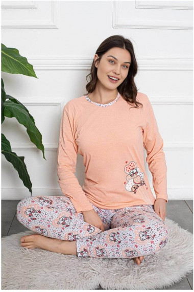 Pijama dama bumbac confortabila cu imprimeu ursuleti love corai 808