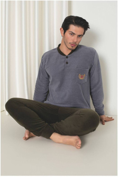 Pijama barbati cocolino polar material fin delicat si moale gri maro 1046