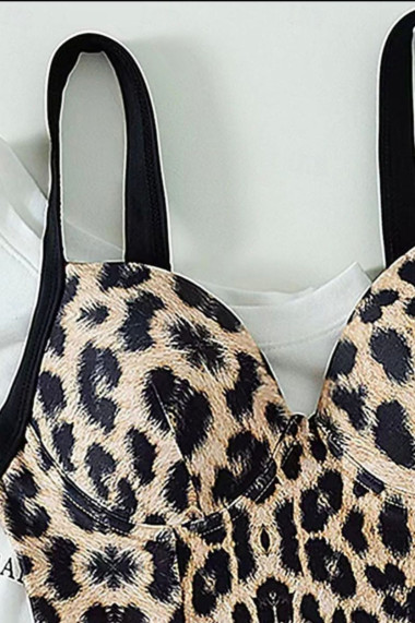 Costum baie intreg dama cu efect modelator imprimeu animal print maro lm008
