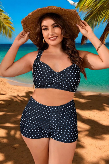 Costum de baie 2 piese marime mare slipi pantaloni scurti sutien bustiera negru dots 5006
