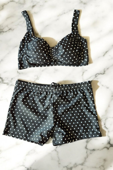 Costum de baie 2 piese marime mare slipi pantaloni scurti sutien bustiera negru dots 5006