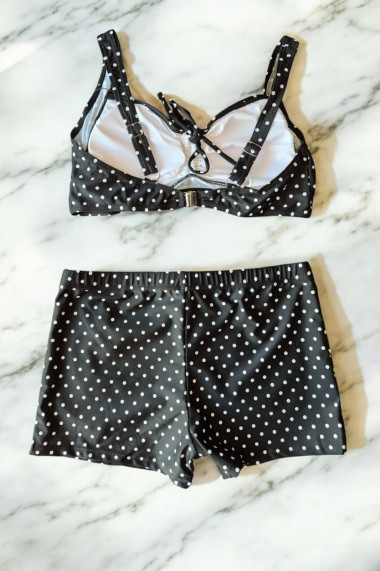 Costum de baie 2 piese marime mare slipi pantaloni scurti sutien bustiera negru dots 5006