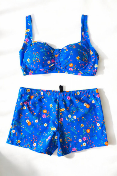 Costum de baie 2 piese marime mare slipi pantaloni scurti sutien bustiera ocean flowers 5006