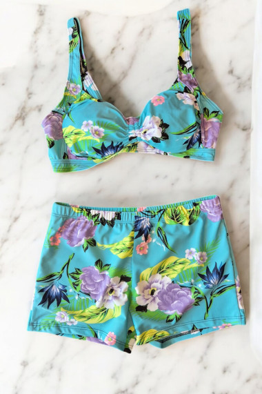 Costum de baie 2 piese marime mare slipi tip pantaloni scurti sutien bustiera ocean blue flowers 2416