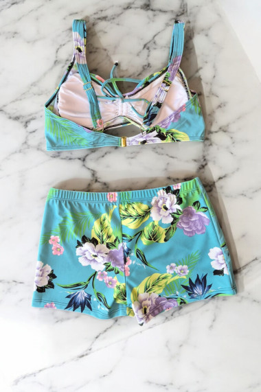 Costum de baie 2 piese marime mare slipi tip pantaloni scurti sutien bustiera ocean blue flowers 2416
