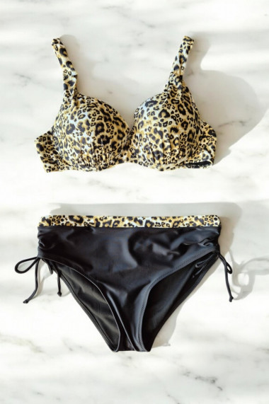 Costum de baie marime mare 2 piese dama maro negru animal print lm0037