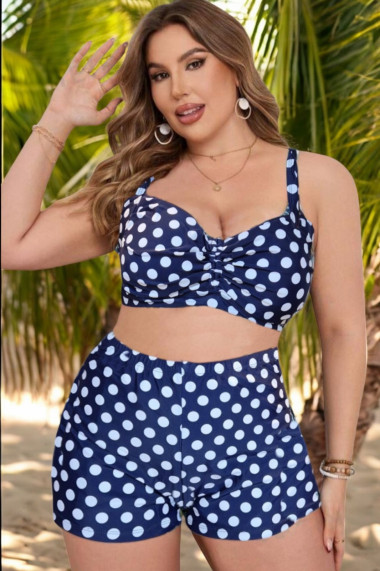 Costum de baie 2 piese marime mare slipi tip pantaloni scurti sutien bustiera bleumarin dots 7128