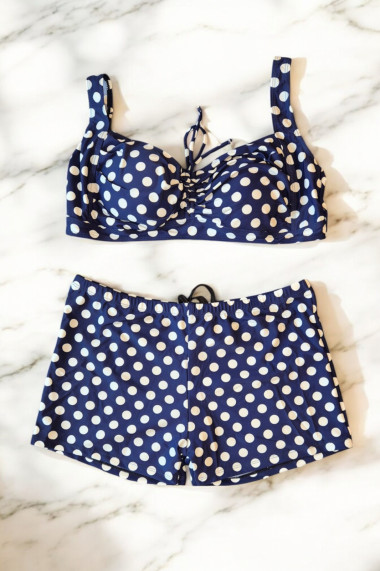 Costum de baie 2 piese marime mare slipi tip pantaloni scurti sutien bustiera bleumarin dots 7128