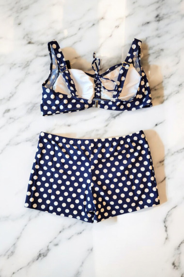 Costum de baie 2 piese marime mare slipi tip pantaloni scurti sutien bustiera bleumarin dots 7128
