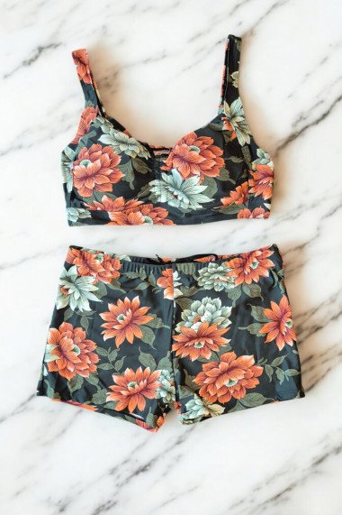 Costum de baie 2 piese marime mare slipi tip pantaloni scurti sutien bustiera floral green 5007