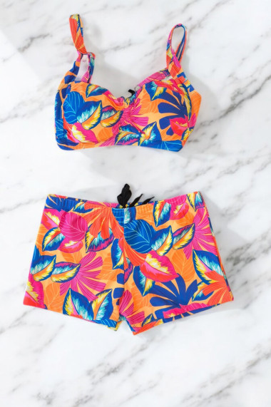 Costum de baie 2 piese marime mare slipi tip pantaloni scurti sutien bustiera orange flowers 5006