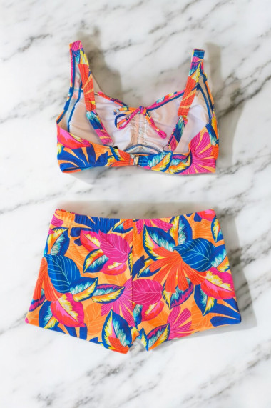 Costum de baie 2 piese marime mare slipi tip pantaloni scurti sutien bustiera orange flowers 5006
