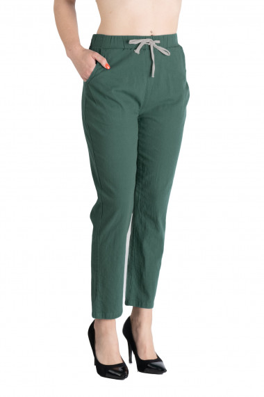 Pantaloni Dama Antonia Din Bumbac racoros de vara Cu Siret In Talie Verde Inchis