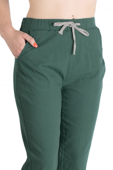 Pantaloni Dama Antonia Din Bumbac racoros de vara Cu Siret In Talie Verde Inchis