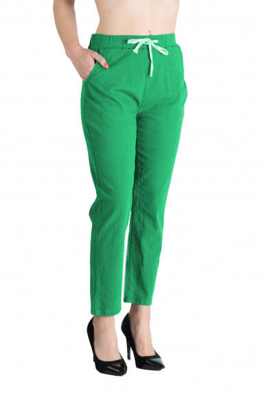 Pantaloni Dama Antonia Din Bumbac Racoros De Vara Cu Siret In Talie Verde Crud