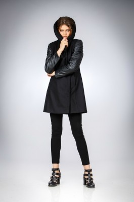 Palton pentru femei marca Be You negru cu maneci din piele ecologica