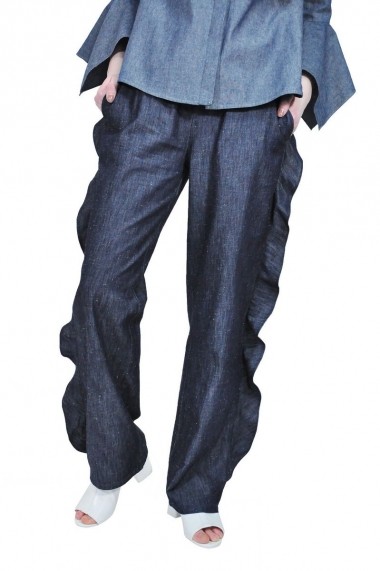 Pantaloni largi RVL Fashion din denim, cu volan rvl D-2532-D-enim denim