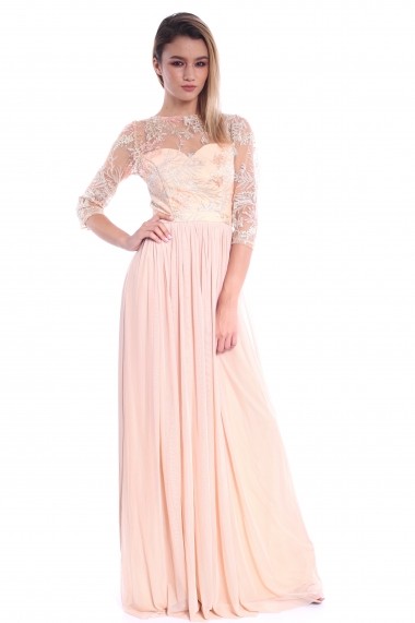 Rochie creme Roserry lunga din broderie somon si tulle
