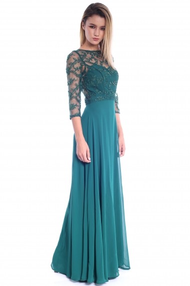 Rochie verde Roserry lunga din broderie si voal