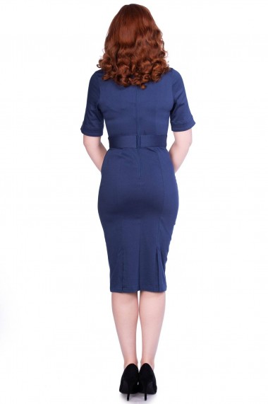 Rochie midi Roh Boutique Blumarin ROH Dr4355 de birou mulata cu guler ascutit bleumarin