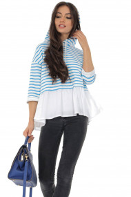Bluza Roh Boutique casual cu dungi Roh BR2569 Alba si Albastru cu gluga albastru