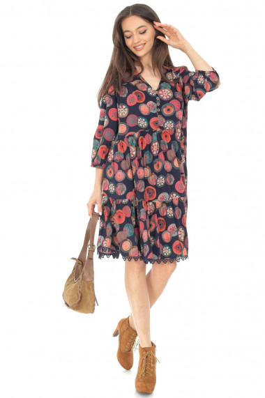 Rochie scurta Roh Boutique smock Roh DR4533 Multicolor imprimat si accesorizat cu dantela multicolor