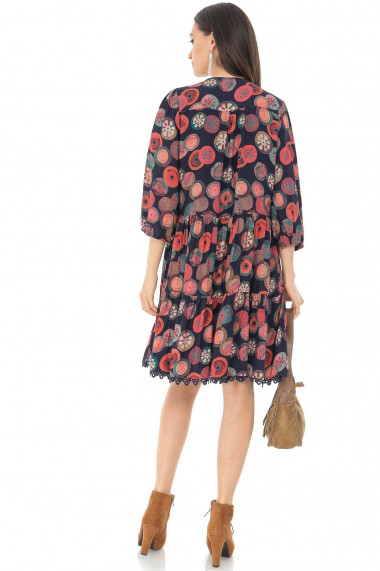 Rochie scurta Roh Boutique smock Roh DR4533 Multicolor imprimat si accesorizat cu dantela multicolor