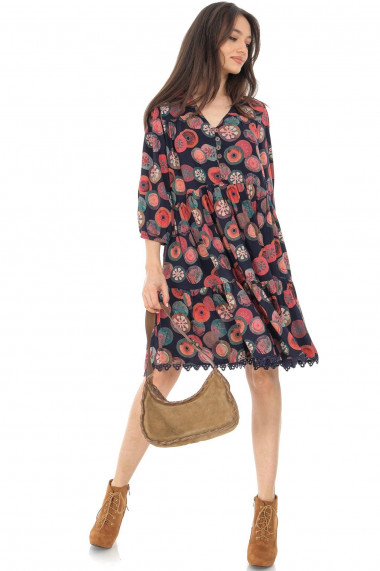 Rochie scurta Roh Boutique smock Roh DR4533 Multicolor imprimat si accesorizat cu dantela multicolor