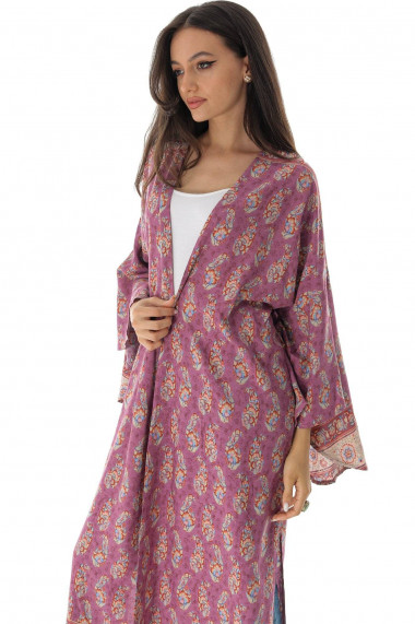 Kaftan Roh Boutique floral din viscoza Roh Br2590 roz cu maneci bufante liliac