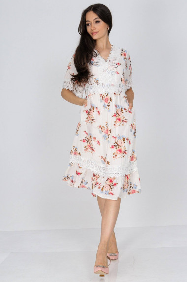 Rochie Roh Boutique cu imprimeu floral si dantela alba ROH DR4678 alb