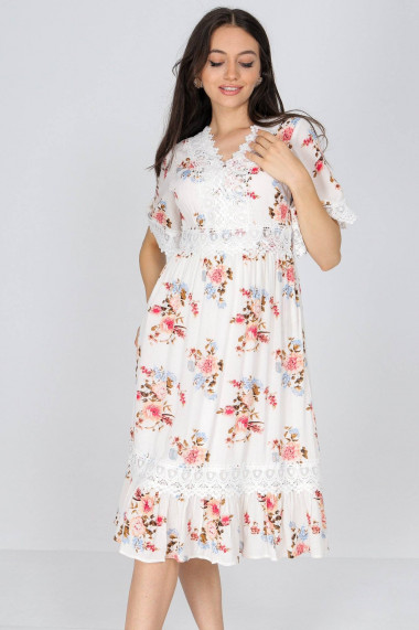 Rochie Roh Boutique cu imprimeu floral si dantela alba ROH DR4678 alb