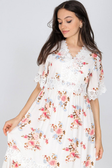 Rochie Roh Boutique cu imprimeu floral si dantela alba ROH DR4678 alb