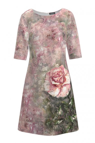 Rochie casual cu maneca imprimata digital floral Trandafir CMD213