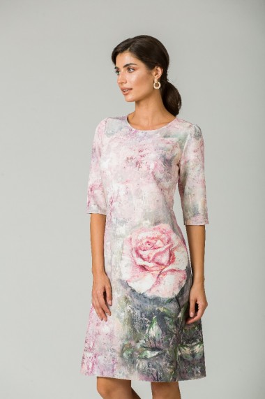 Rochie casual cu maneca imprimata digital floral Trandafir CMD213