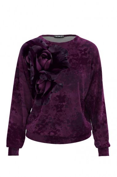 Bluza mov Dames tip hanorac din catifea cu print floral CMD465