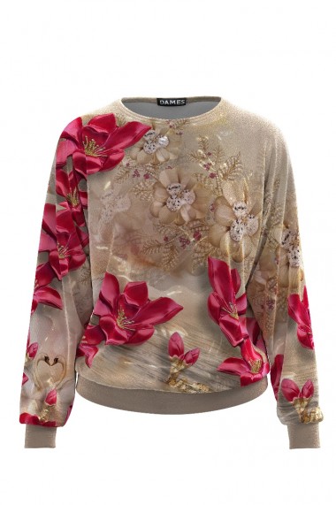 Bluza Dames bej cu imprimeu floral tip hanorac din catifea CMD512