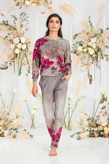 Bluza Dames bej cu imprimeu floral tip hanorac din catifea CMD512