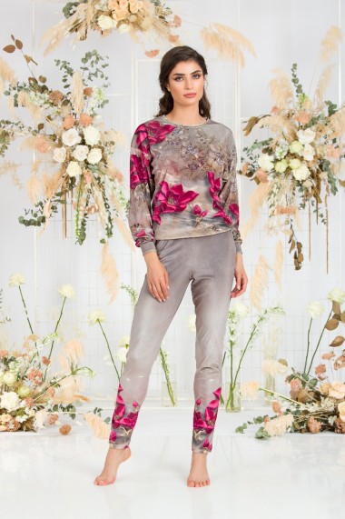 Pantaloni bej Dames cu print floral din catifea cu buzunare CMD513