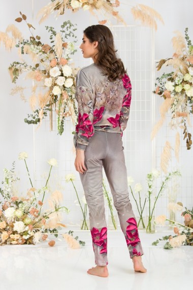 Pantaloni bej Dames cu print floral din catifea cu buzunare CMD513