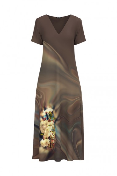 Rochie de vara maro lunga cu buzunare imprimata digital Floral CMD719
