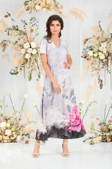 Rochie de vara in nuante roz gri lunga cu buzunare imprimata digital Floral CMD721