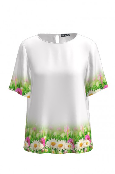 Bluza alba Dames de vara cu maneca scurta si imprimeu floral CMD754