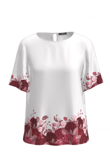 Bluza Dames alba de vara cu maneca scurta si imprimeu trandafiri CMD756