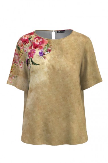 Bluza Dames bej de vara cu maneca scurta si imprimeu floral CMD760
