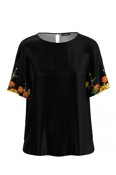 Bluza Dames neagra de vara cu maneca scurta si imprimeu floral CMD761