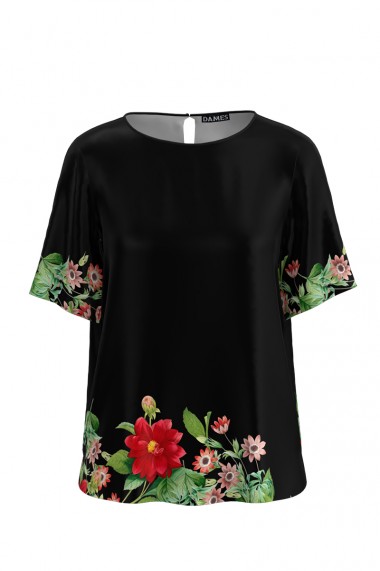 Bluza Dames neagra de vara cu maneca scurta si imprimeu floral CMD764