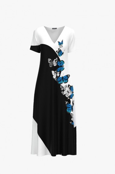 Rochie de vara alb negru lunga cu buzunare imprimata digital Fluturi CMD952