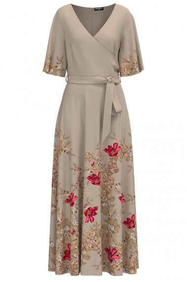Rochie de seara lunga Dames bej imprimata digital cu model floral CMD1028