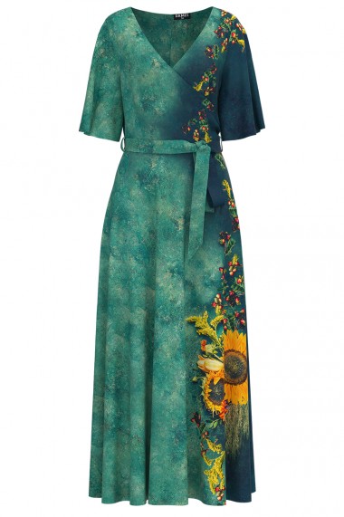 Rochie de seara lunga Dames verde imprimata digital cu model floarea soarelui CMD1029